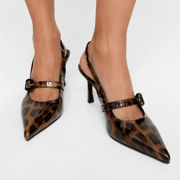 Faux Leather Leopard Sling Back Pointed Court Heels - Picture 1 of 11